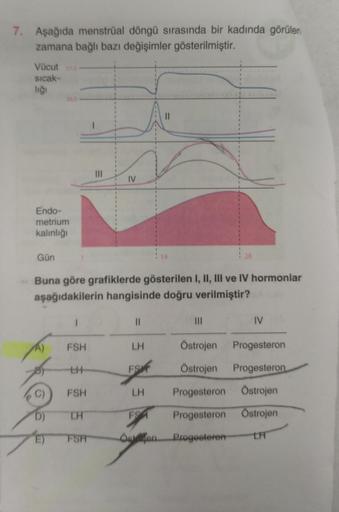 7. Aşağıda menstrual döngü sırasında bir kadında görülen
zamana bağlı bazı değişimler gösterilmiştir.
Vücut 37,05
sıcak-
lığı
Endo-
metrium
kalınlığı
Gün
A)
Buna göre grafiklerde gösterilen I, II, III ve IV hormonlar
aşağıdakilerin hangisinde doğru verilmi