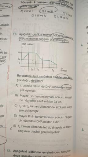 i kromo-
ar.
Levre-
nicelik
ir.
ir.
tkilidir.
ki bir
ri ara-
iştir
pla-
yısı
VISI
Palme Yayınevi
etkili olamaz?
A) Yalnız I
mesi ilgil
hücrenin kromozom sayısını belirlemede
4a
2a
a
D) I, III ve IV
B) I ve IIL
11. Aşağıdaki grafikte mayoz bölünme sırasında