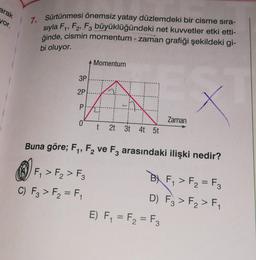 arak
yor.
7. Sürtünmesi önemsiz yatay düzlemdeki bir cisme sıra-
sıyla F₁, F2, F3 büyüklüğündeki net kuvvetler etki etti-
ğinde, cismin momentum - zaman grafiği şekildeki gi-
bi oluyor.
3P
2P
P
0
Momentum
t 2t 3t 4t 5t
Zaman
Buna göre; F₁, F₂ ve F3 arasındaki ilişki nedir?
F₁ > F₂ > F3
BF₁ > F₂ = F3
C) F3 > F₂ = F₁
D) F3 > F₂ > F₁
E) F₁ = F₂ = F3