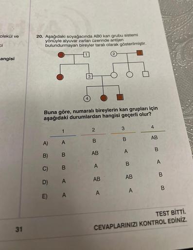 olekül ve
ci
angisi
31
20. Aşağıdaki soyağacında ABO kan grubu sistemi
yönüyle alyuvar zarları üzerinde antijen
bulundurmayan bireyler taralı olarak gösterilmiştir.
A)
B)
C)
1
Buna göre, numaralı bireylerin kan grupları için
aşağıdaki durumlardan hangisi g