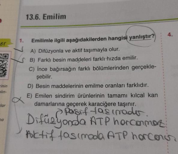 er
inin
alin-
-lar
ma
1.
13.6. Emilim
Emilimle ilgili aşağıdakilerden hangisi yanlıştır?
A) Difüzyonla ve aktif taşımayla olur.
B) Farklı besin maddeleri farklı hızda emilir.
C) İnce bağırsağın farklı bölümlerinden gerçekle-
şebilir.
D) Besin maddelerinin