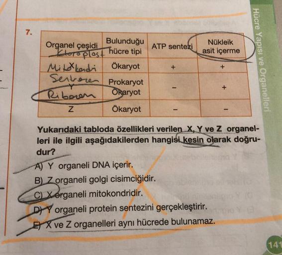 7.
Organel çeşidi
Ktoro plast
Mitokondri
Servere
Riberen
Z
Bulunduğu
hücre tipi
Ökaryot
Prokaryot
Okaryot
Ökaryot
ATP sentezi
+
-
Nükleik
asit içerme
+
A) Y organeli DNA içerir.
B) Z organeli golgi cisimciğidir.
C) Xorganeli mitokondridir.
DIY organeli pro