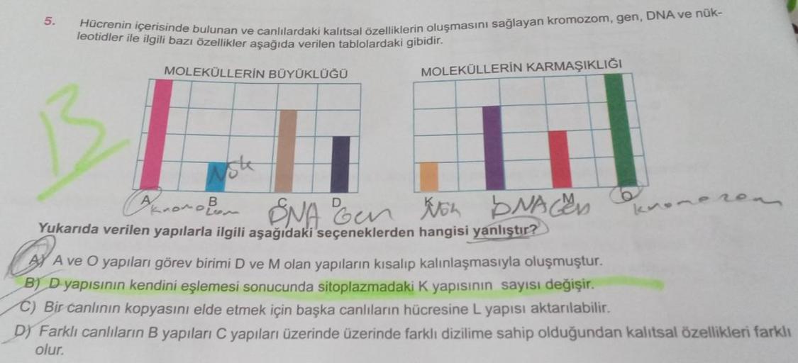 Hücrenin içerisinde bulunan ve canlılardaki kalıtsal özelliklerin oluşmasını sağlayan kromozom, gen, DNA ve nük-
leotidler ile ilgili bazı özellikler aşağıda verilen tablolardaki gibidir.
MOLEKÜLLERİN BÜYÜKLÜĞÜ
B Len
B
Knomo Lom
5.
MOLEKÜLLERİN KARMAŞIKLIĞ