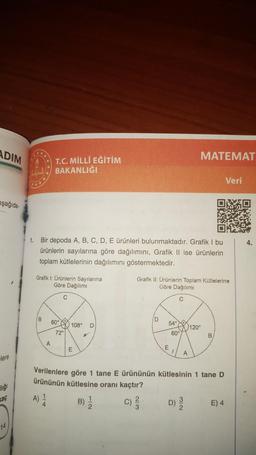 ADIM
aşağıda-
lere
lığı
kaç
14
T.C. MİLLÎ EĞİTİM
BAKANLIĞI
1.
Bir depoda A, B, C, D, E ürünleri bulunmaktadır. Grafik I bu
ürünlerin sayılarına göre dağılımını, Grafik II ise ürünlerin
toplam kütlelerinin dağılımını göstermektedir.
Grafik I: Ürünlerin Sayılarına
Göre Dağılımı
B
A
60°
C
72°
108° D
E
B)
112
Ô
Grafik II: Ürünlerin Toplam Kütlelerine
Göre Dağılımı
C
D
2/3
54°
E
60°
T
A
Verilenlere göre 1 tane E ürününün kütlesinin 1 tane D
ürününün kütlesine oranı
kaçtır?
A) 1 4
MATEMAT
3
NIW
2
120°
B
Veri
E) 4
4.