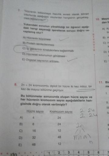 7 Menn bolinmeye hazırlik evresi olarak bilinen
interfarda aşağdaki olaylardan hangisinin gerçekleş-
mesi beklenmez
Yukandaki sorunun yöneltildiği bir öğrenci aşağı-
daki hangi seçeneği işaretlerse soruyu doğru ce-
vaplamış olur?
A) Hücrenin büyümesi
B) Pr