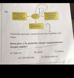 13.
Bileşenlerinin
fiziksel
hâlleri farklıdır.
t
↓
İki faz içerir.
A) Tuzlu su
Yukarıdaki şemada x karışımına ait bazı özellikler veril-
miştir.
Buna göre, x ile gösterilen karışım aşağıdakilerden
hangisi olabilir?
Bileşenlerinin
özelliklerini
gösterir.
D) Türk kahvesi
B) Lehim
C) Gazoz
E) Zeytinyağlı su