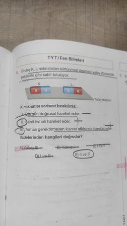 5. Özdeş K, L mıknatısları sürtünmesi önemsiz yatay düzlemde
şekildeki gibi sabit tutuluyor.
N
K
S
A) Yalnız III
TYT/Fen Bilimleri
D) Ive
S
K mıknatısı serbest bırakılırsa;
Düzgün doğrusal hareket eder.
II. Sabit ivmeli hareket eder. +
III. Temas gerektirmeyen kuvvet etkisinde hareket eder.
ifadelerinden hangileri doğrudur?
N
B) Yalnız
-
Yatay düzlem
E) II ve III
Crivell
7. K
d
YAZIT