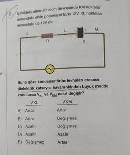 V
Şekildeki alternatif akım devresinde KM noktaları
arasındaki etkin potansiyel farkı 13V, KL noktaları
arasındaki de 12V dir.
K
VKL
R
A) Artar
B) Artar
C) Azalır
D) Azalır
E) Değişmez
L
Buna göre kondansatörün levhaları arasına
dielektrik katsayısı havanınkinden büyük madde
konulursa VKL ve VKM nasıl değişir?
VKM
Artar
+
Değişmez
Değişmez
Azalır
Artar
E
M