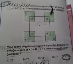 5.
1. 2. 3. 4. 5. 6.
2,3,4,5,6,7,8,9 rakamları aşağıdaki şekilde görülen A, B,
C, D, E, F, K, M, T harflerinin bulunduğu bölgelere yazılacaktır.
F
B
B) 20
E
T
D
C) 18
K
PR Yeşil renkli bölgelerdeki sayıların toplamları birbirine eşit
ne olduğuna göre, B + D + K+ E + T toplamının en küçük de-
ğeri kaçtır?
A) 21
M
D) 17
E)
---