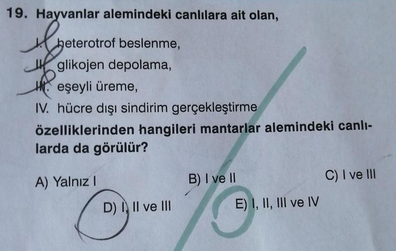 19. Hayvanlar alemindeki canlılara ait olan,
heterotrof beslenme,
glikojen depolama,
15
eşeyli üreme,
IV. hücre dışı sindirim gerçekleştirme
özelliklerinden hangileri mantarlar alemindeki canlı-
larda da görülür?
A) Yalnız I
O
D) I, II ve III
B) I ve II
E)