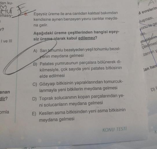 dan ku-
Mur Fo.
masiy-
r?
I ve III
anan
dir?
omla
Eşeysiz üreme ile ana canlıdan kalıtsal bakımdan
kendisine aynen benzeyen yavru canlılar meyda-
na gelir.
Aşağıdaki üreme çeşitlerinden hangisi eşey-
siz üreme olarak kabul edilemez?
A) Sarı tohumlu bezelye