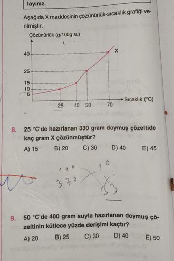 layınız.
Aşağıda X maddesinin çözünürlük-sıcaklık grafiği ve-
rilmiştir.
Çözünürlük (g/100g su)
40
25
15
10.
6
25 40 50
70
190
330
X
8. 25 °C'de hazırlanan 330 gram doymuş çözeltide
kaç gram X çözünmüştür?
A) 15
B) 20
C) 30
70
Sıcaklık (°C)
D) 40 E) 45
$₂