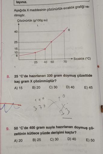 layınız.
Aşağıda X maddesinin çözünürlük-sıcaklık grafiği ve-
rilmiştir.
Çözünürlük (g/100g su)
40
25
15
10.
6
25 40 50
70
190
330
X
8. 25 °C'de hazırlanan 330 gram doymuş çözeltide
kaç gram X çözünmüştür?
A) 15
B) 20
C) 30
70
Sıcaklık (°C)
D) 40 E) 45
$₂
