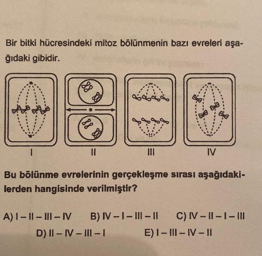 Bir bitki hücresindeki mitoz bölünmenin bazı evreleri aşa-
ğıdaki gibidir.
88
(88 88)
11
|||
IV
Bu bölünme evrelerinin gerçekleşme sırası aşağıdaki-
lerden hangisinde verilmiştir?
A) I-II-III-IV B) IV-I-III-11 C) IV-II-1-11
D) II-IV-III-1
E) I-III-IV-11