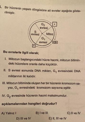 5. Bir hücrenin yaşam döngüsüne ait evreler aşağıda göste-
rilmiştir.
S
evresi
G₂
evresi,
A) Yalnız I
Mitoz
Bu evrelerle ilgili olarak;
1. Mitozun başlangıcındaki hücre hacmi, mitozun bitimin-
deki hücrelere oranla daha küçüktür.
D) III ve IV
G₁
evresi
II.