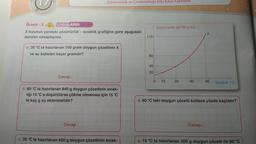 Örnek-5& UYGULAMA
X tuzunun yandaki çözünürlük - sıcaklık grafiğine göre aşağıdaki
soruları cevaplayınız.
Çözünürlük ve Çözünürlüğe Etki Eden Faktorler
a. 35 °C ta hazırlanan 700 gram doygun çözeltinin X
ve su kütleleri kaçar gramdır?
Cevap:
b. 80 °C ta hazırlanan 840 g doygun çözeltinin sıcak-
lığı 15 °C a düşürülürse çökme olmaması için 15 °C
ta kaç g su eklenmelidir?
Cevap:
c. 35 °C ta hazırlanan 420 g doygun çözeltinin sıcak-
110
60
40
20
O
Çözünürlük (g/100 g su)
15
35
60
80 Sıcaklık (°C)
d. 60 °C taki doygun çözelti kütlece yüzde kaçlıktır?
Cevap:
e. 15 °C ta hazırlanan 300 g doygun çözelti ile 60 °C