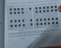 alanın
f YAYINLARI
2. Üstten görünümü aşağıdaki gibi kare şeklinde olan bir toplantı salonunda cumartesi ve pazar günü toplantı
düzenlenmiştir.
20 cm
20 cm
A) 110
30 cm
B) 120
3.
Cumartesi
Pazar
Salondaki 60 cm genişliğindeki koltuklar cumartesi ve pazar günleri yukarıdaki gibi salonun belirtilmiş iki duvarıyla
ve diğer koltuklarla arasındaki mesafe sırasıyla 20 cm ve 30 cm olacak şekilde yerleştirilmiştir.
Buna göre cumartesi ve pazar günleri kullanılan toplam koltuk sayısı en az kaçtır?
30 cm
C) 140
35
D) 145
