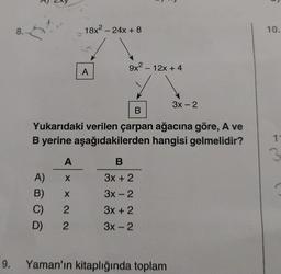 9.
8.
18x² - 24x + 8
A
A)
X
B)
X
C)
2
D) 2
A
9x² - 12x + 4
B
Yukarıdaki verilen çarpan ağacına göre, A ve
B yerine aşağıdakilerden hangisi gelmelidir?
B
3x + 2
3x - 2
3x + 2
3x - 2
3x - 2
Yaman'ın kitaplığında toplam
10.
11
3