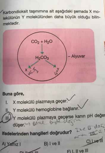 Karbondioksit taşınımına ait aşağıdaki şemada X mo-
lekülünün Y molekülünden daha büyük olduğu bilin-
mektedir.
CO2 + H2O
A) Yalnız I
++
WC
H₂CO3
TH
Buna göre,
I.
1. X molekülü plazmaya geçer.
II. Y molekülü hemoglobine bağlanır.
IIY molekülü plazmaya geçe