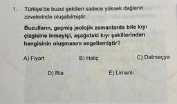 1. Türkiye'de buzul şekilleri sadece yüksek dağların
zirvelerinde oluşabilmiştir.
Buzulların, geçmiş jeolojik zamanlarda bile kıyı
çizgisine inmeyişi, aşağıdaki kıyı şekillerinden
hangisinin oluşmasını engellemiştir?
A) Fiyort
D) Ria
B) Haliç
E) Limanlı
C) Dalmaçya