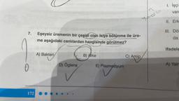 7.
0
172
Eşeysiz üremenin bir çeşidi olan ikiye bölünme ile üre-
me aşağıdaki canlılardan hangisinde görülmez?
A) Bakteri
D) Öglena
B) Arke
E) Plazmodyum
C) Amip
Yymosto
1. İşçi
var
II. Erk
III. Döl
da
ifadele
A) Yaln