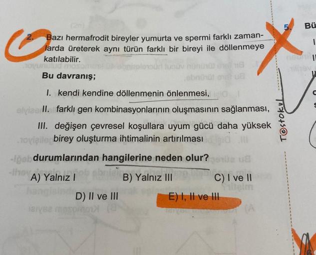 (2n)
Bazı hermafrodit bireyler yumurta ve spermi farklı zaman-
larda üreterek aynı türün farklı bir bireyi ile döllenmeye
Udar
katılabilir.
oyursulud moso
Bu davranış;
I. kendi kendine döllenmenin önlenmesi, leid
ür tuouv nüm
Yola
A) Yalnız I
elviaed II. f