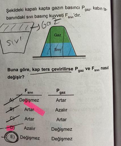 Şekildeki kapalı kapta gazın basıncı P gaz'
banındaki sıvı basınç kuvveti F'dır.
SIVI
ZyGaz
Sivi
A
BY
Buna göre, kap ters çevirilirse P
gaz
değişir?
DJ
E)
F
SIVI
Gaz
Değişmez
Artar
Artar
Azalır
Değişmez
SIVY
P
gaz
Artar
Azalırala
Artar
Değişmez
Değişmez
ka