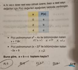 - a, b ve c birer reel sayı olmak üzere, bazı x reel sayı
değerleri için P(x) değerleri aşağıdaki tabloda verilmiştir.
• P(x) polinomunun
0 (3
x + 1'dir.
A) 5
X
B) 6
0
2
4
P(x)
a
b
C
• P(x) polinomunun
-3x + 9
Buna göre, a + b + c toplamı kaçtır?
x² - 4x ile bölümünden kalan
x/x-u) x => x = 4
X
(x - 2)2 ile bölümünden kalan
X =2
binob
C)7
D)8
Eg