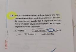 YAYINLARI
LİMİT
19. 2n = 8 kromozomlu bir canlının üreme ana hüc-
resinin üreme hücrelerini oluşturması sırasın-
da gerçekleşen evrelerden hangisinde hücre-
nin kromozom sayısı ana hücrenin kromozom
sayısının yarısı kadardır?
-A) Profaz T
B) Anafaz L C) Profaz II
-E) Interfaz
D) Anafaz II