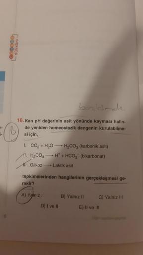 LO00030
dükkanı-
baland
16. Kan pH değerinin asit yönünde kayması halin-
de yeniden homeostazik dengenin kurulabilme-
si için,
1. CO₂ + H₂O → H₂CO3 (karbonik asit)
M.
11.
H₂CO3 → H*+ HCO3 (bikarbonat)
11. Glikoz
Laktik asit
tepkimelerinden hangilerinin ger