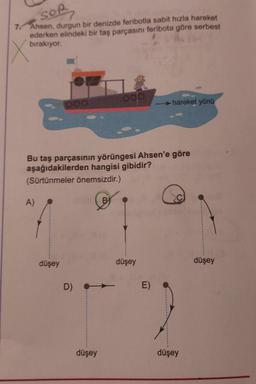 SOP
7 Ahsen, durgun bir denizde feribotla sabit hızla hareket
ederken elindeki bir taş parçasını feribota göre serbest
bırakıyor.
A)
000
düşey
Bu taş parçasının yörüngesi Ahsen'e göre
aşağıdakilerden hangisi gibidir?
(Sürtünmeler önemsizdir.)
D)
düşey
000
B
düşey
hareket yönü
E)
düşey
düşey