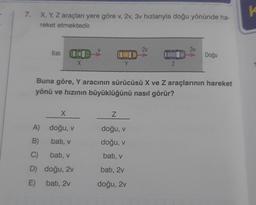 7.
X, Y, Z araçları yere göre v, 2v, 3v hızlarıyla doğu yönünde ha-
reket etmektedir.
Bati
X
X
A)
doğu, v
B)
bati, v
C)
batı, v
D) doğu, 2v
E) bati, 2v
Y
Z
2v
doğu, v
doğu, v
bati, v
batı, 2v
doğu, 2v
Z
Buna göre, Y aracının sürücüsü X ve Z araçlarının hareket
yönü ve hızının büyüklüğünü nasıl görür?
3v
Doğu
K