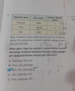 5.
Elektrikli Araç
Süpürge
Fırın
Ütü
Güç (watt)
A) Süpürge, ütü, fırın
B) Fırın, ütü, süpürge
C) Ütü, fırın, süpürge
D) Ütü, süpürge, fırın
E) Fırın, süpürge, ütü
1800
32002
2400
Çalışma Süresi
(saat)
TESLA Y
B.E
7. Onc
fark
22000
Ayşe, annesinin evde çalıştırdığı süpürge, fırın ve ütünün
güçleri ile çalıştırılma sürelerini belirten çizelgeyi şekil-
El
deki gibi çizmiştir.
34000
R=
Buna göre, Ayşe bu araçların çalıştırıldıkları sürede
harcadığı enerjinin büyükten küçüğe doğru sıralanı-
şını aşağıdakilerden hangisi gibi yapmıştır?
F=
1 118000
2 6400
3