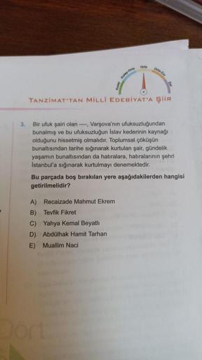 3.
Orta
Orta
TANZIMAT'TAN MİLLÎ EDEBİYAT'A ŞİİR
A) Recaizade Mahmut Ekrem
B) Tevfik Fikret
C) Yahya Kemal Beyatlı
D) Abdülhak Hamit Tarhan
Muallim Naci
E)
Orta-Zor
Bir ufuk şairi olan ----, Varşova'nın ufuksuzluğundan
bunalmış ve bu ufuksuzluğun İslav kede