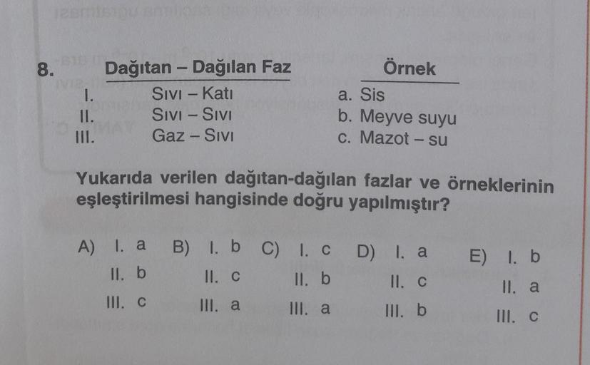 12smisiou smlo
8.
1.
II.
III.
Dağıtan - Dağılan Faz
Sıvı - Kati
SIVI - SIVI
Gaz - Sivi
A) I. a
II. b
III. C
Yukarıda verilen dağıtan-dağılan fazlar ve örneklerinin
eşleştirilmesi hangisinde doğru yapılmıştır?
B) 1. b
II. C
III. a
Örnek
C) 1. c
ll. b
III. a