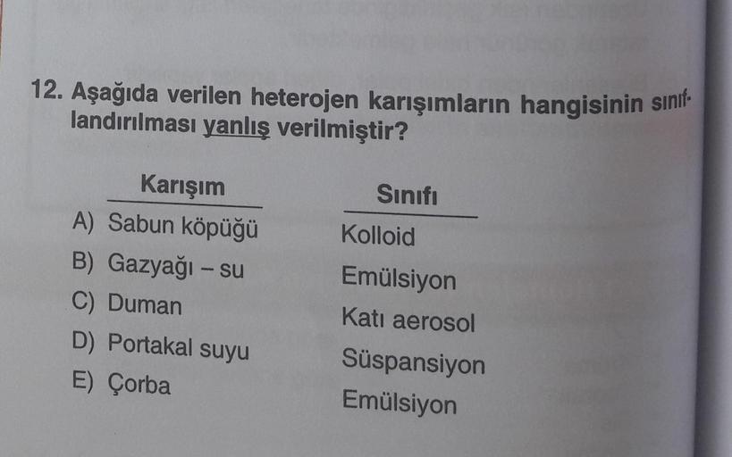 12. Aşağıda verilen heterojen karışımların hangisinin sınıf-
landırılması yanlış verilmiştir?
Karışım
A) Sabun köpüğü
B) Gazyağı - su
C) Duman
D) Portakal suyu
E) Çorba
Sınıfı
Kolloid
Emülsiyon
Katı aerosol
Süspansiyon
Emülsiyon