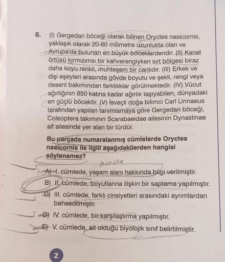 6. (1) Gergedan böceği olarak bilinen Oryctes nasicornis,
yaklaşık olarak 20-60 milimetre uzunlukta olan ve
Avrupa'da bulunan en büyük böceklerdendir. (II) Kanat
örtüsü kırmızımsı bir kahverengiyken sırt bölgesi biraz
daha koyu renkli, muhteşem bir canlıdı