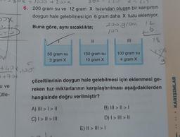 box
+40
3470
u ve
Citle-
=/300 4200x
XL
6. 200 gram su ve 12 gram X tuzundan oluşan bir karışımın
doygun hale gelebilmesi için 6 gram daha X tuzu ekleniyor.
Buna göre, aynı sıcaklıkta;
50 gram su
3 gram X
||
A) ||| > | > ||
C) | > || > |||
200 gram
- 100
150 gram su
10 gram X
|||
100 gram su
4 gram X
çözeltilerinin doygun hale gelebilmesi için eklenmesi ge-
reken tuz miktarlarının karşılaştırılması aşağıdakilerden
hangisinde doğru verilmiştir?
E) || > ||| > |
B) ||| > | > |
D) | > ||| > ||
12
6
KARIŞIMLAR