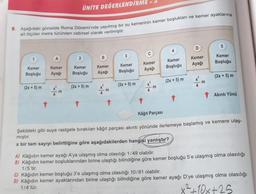 9. Aşağıdaki görselde Roma Dönemi'nde yapılmış bir su kemerinin kemer boşlukları ve kemer ayaklarına
ait ölçüler metre türünden cebirsel olarak verilmiştir.
1
Kemer
Boşluğu
(2x + 5) m
ÜNİTE DEĞERLENDİRME
A
2
Kemer
Kemer
Ayağı Boşluğu
m
(2x + 5) m
B
Kemer
Ayağı
xm
3
Kemer
Boşluğu
(2x + 5) m
↑
Kemer
Ayağı
m
Kâğıt Parçası
Kemer
Boşluğu
(2x + 5) m
D
Kemer
Ayağı
m
5
Kemer
Boşluğu
(2x + 5) m
Akıntı Yönü
Şekildeki gibi suya rastgele bırakılan kâğıt parçası akıntı yönünde ilerlemeye başlamış ve kemere ulaş-
mıştır.
x bir tam sayıyı belirttiğine göre aşağıdakilerden hangisi yanlıştır?
A) Kâğıdın kemer ayağı A'ya ulaşmış olma olasılığı 1/49 olabilir.
B) Kâğıdın kemer boşluklarından birine ulaştığı bilindiğine göre kemer boşluğu 5'e ulaşmış olma olasılığı
1/5'tir.
C) Kâğıdın kemer boşluğu 3'e ulaşmış olma olasılığı 10/81 olabilir.
D) Kâğıdın kemer ayaklarından birine ulaştığı bilindiğine göre kemer ayağı D'ye ulaşmış olma olasılığı
1/4'tür.
x²+10x+25