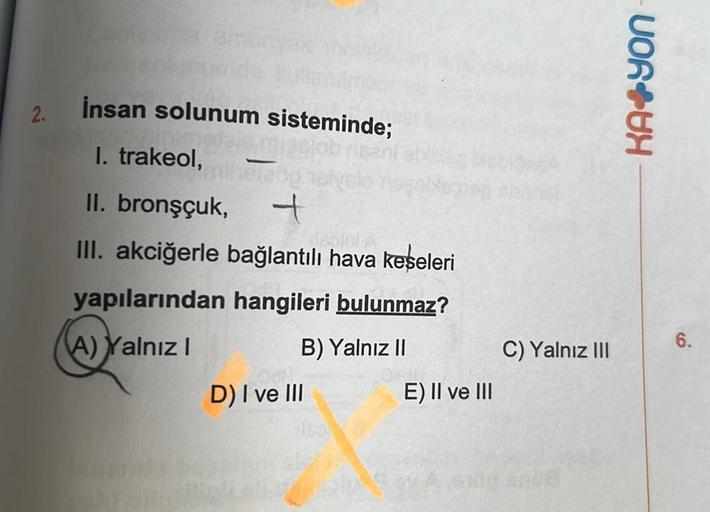 2.
İnsan solunum sisteminde;
I. trakeol,
II. bronşçuk,
+
III. akciğerle bağlantılı hava keseleri
yapılarından hangileri bulunmaz?
A) Yalnız I
B) Yalnız II
Oal
D) I ve III
E) II ve III
C) Yalnız III
UOR UH
6.