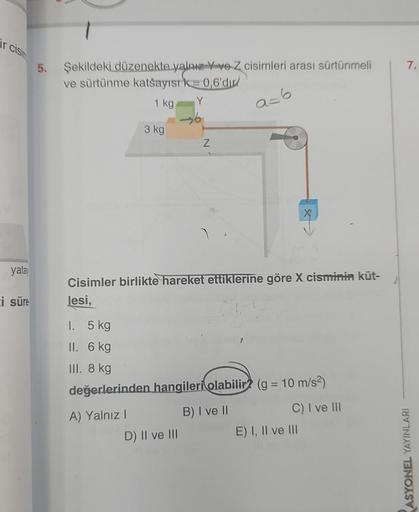 ir cisin
yatay
i süre
5. Şekildeki düzenekte yalnız Y ve Z cisimleri arası sürtünmeli
ve sürtünme katsayısık = 0,6'dır
1 kg
Y
3 kg
A) Yalnız I
16
Cisimler birlikte hareket ettiklerine göre X cisminin küt-
Jesi,
Z
1. 5 kg
II. 6 kg
III. 8 kg
değerlerinden ha