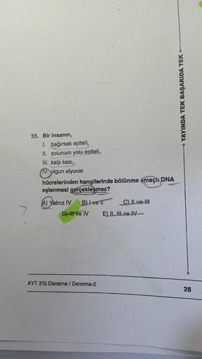 35. Bir insanın,
1. bağırsak epiteli,
II. solunum yolu epiteli,
III. kalp kasi,
IV. olgun alyuvar
hücrelerinden hangilerinde bölünme amaçit DNA
eşlenmesi gerçekleşmez?
(A) Yalnız IV B) Ive Il
D)-H ve IV
AYT 3'10 Deneme / Deneme-2
C) II ve IH
E) II, IILve I