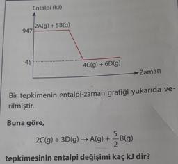 Entalpi (kJ)
947
45
2A(g) + 5B(g)
4C(g) + 6D(g)
Zaman
Bir tepkimenin entalpi-zaman grafiği yukarıda ve-
rilmiştir.
Buna göre,
5
2C(g) + 3D(g) → A(g) + = B(g)
2
tepkimesinin entalpi değişimi kaç kJ dir?