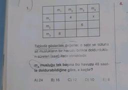 1.
3
m₂
m3
E
m₁
8
m₂
4
m3
6
m4
X
Tabloda gösterilen değerler, o satır ve sütuna
ait muslukların bir havuzu birlikte doldurdukla-
ni süreleri (saat) ifade etmektedir.
m musluğu tek başına bu havuzu 48 saat-
te doldurabildiğine göre, x kaçtır?
A) 24
B) 16
C) 12
D) 10
E) 8
4.