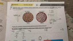 ATIK
tlara
Kart-
MATEMATIK
SAYISAL BÖLÜM B DENEME SINAVI-IV
8. SINIF
Aşağıdaki beyaz ve sarı leblebiler birbirine karıştırılmadan artmayacak şekilde eşit ve en büyük kütleli paketlere
doldurulup satılacaktır.
4000 2
A)
72
a/wo21
sarı leblebi
8500 g
7200 g
Oluşturulan paketlerin tamamı bir kutu içerisine konulup satışa sunulmuştur.
72
Bu kutudan rastgele seçilen bir paketin beyaz leblebi paketi olma olasılığı kaçtır?
1
C) 157
85
mavi yes!
ğenle
3
beyaz leblebi
B)
8.500
4.200
7:300
8.50012
a br
060
- 4.250
4250
D)
85
157
