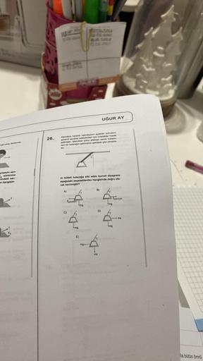 meli yatay düzlemde
yüzeyin san-
s sürtünme
rindeki ser-
-n hangisin-
26.
Metrobüs hareket halindeyken ayaktaki yolcuların
güvenli seyahat edebilmeleri için tutacaklar monte
edilmiştir. Metrobüs yolcu aldıktan sonra hızlanır-
ken bir tutacağın görünümü şek