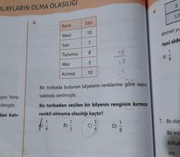 OLAYLARIN OLMA OLASILIGI
iştir. Yarış-
ilmiştir.
dan katı-
Renk
Mavi
Sarı
Turuncu
Mor
Kırmızı
Sayı
10
B)
7
8
5
10
w
Bir torbada bulunan bilyelerin renklerine göre sayısı
tabloda verilmiştir.
98
Bu torbadan seçilen bir bilyenin renginin kırmızı
renkli olmama olasılığı kaçtır?
3/
O
up
D)
co
5
A)
17
Ahmet yu
Yeni elde
7. Bir olay
Bir ma
koltuk
yor.