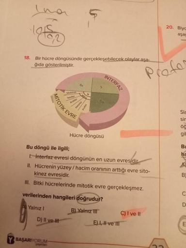 Ina
·lers
18. Bir hücre döngüsünde gerçekleşebilecek olaylar aşa-
ğıda gösterilmiştir.
MİTOTİK EVRE
Sitokinez
D) II ve III
Y BAŞARIYORUM-
Anafaz
www.
G₁
lo
Metafaz
*******
Profaz
S
Hücre döngüsü
Bu döngü ile ilgili;
I. İnterfaz evresi döngünün en uzun evre