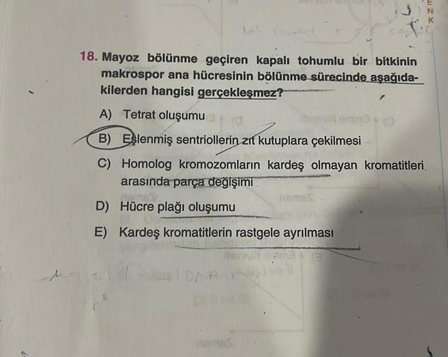 18. Mayoz bölünme geçiren kapalı tohumlu bir bitkinin
makrospor ana hücresinin bölünme sürecinde aşağıda-
kilerden hangisi gerçekleşmez?
A) Tetrat oluşumu
B) Eslenmiş sentriollerin zıt kutuplara çekilmesi
C) Homolog kromozomların kardeş olmayan kromatitler