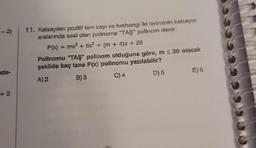 :-2)
ida-
+2
11. Katsayılanı pozitif tam sayı ve herhangi iki teriminin katsayısı
aralarında asal olan polinoma "TAŞ" polinom denir.
P(x) = mx³ + 6x² + (m + 4)x+ 25
Polinomu "TAŞ" polinom olduğuna göre, m ≤ 30 olacak
şekilde kaç tane P(x) polinomu yazılabilir?
A) 2
B) 3
C) 4
D) 5
E) 6